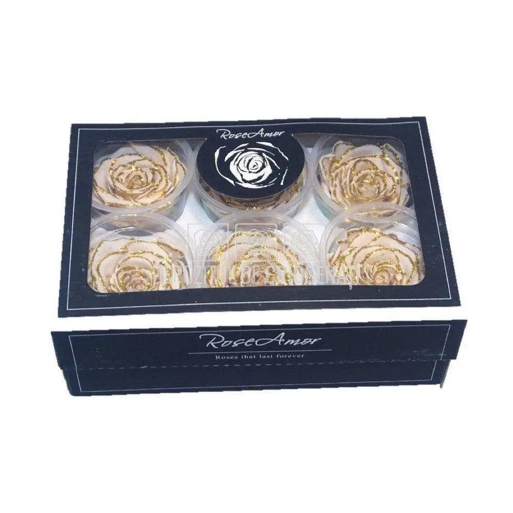 Trandafiri Criogenati XL GLITTER GOLD CHA-01 (Ø6-6,5cm set 6 buc) - DepozituldeCriogenati.ro