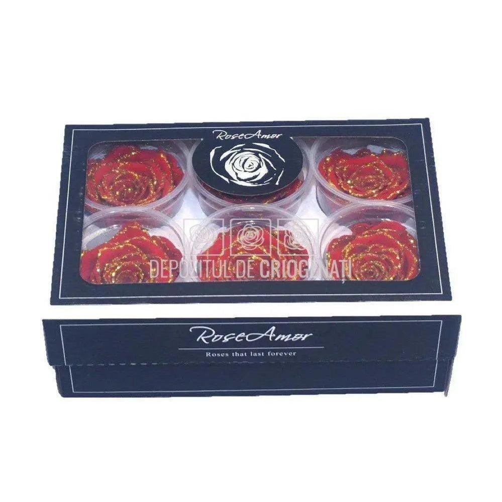 Trandafiri Criogenati XL GLITTER GOLD RED-02 (Ø6-6,5cm, set 6buc) - DepozituldeCriogenati.ro
